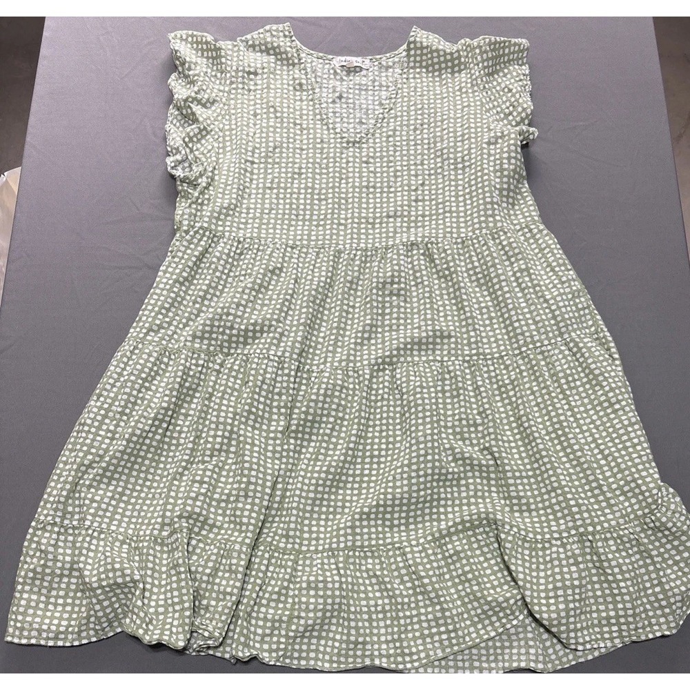 Women's Indigo Soul Gingham Tiered Dress, White Green, Size XL